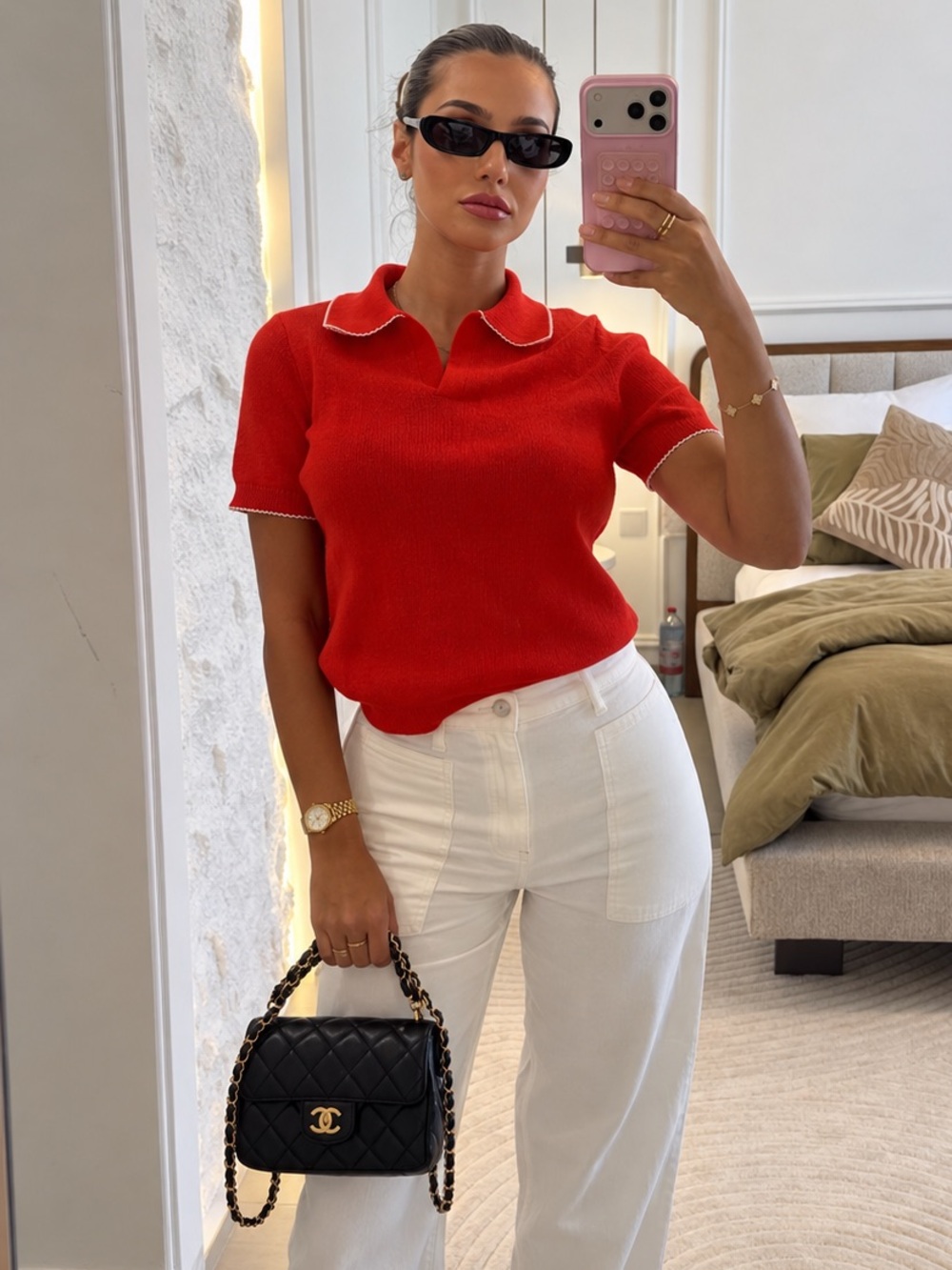 ZARA BNWT CONTRAST LACE KNIT POLO SHIRT. RED/CORAL 2142/440/649